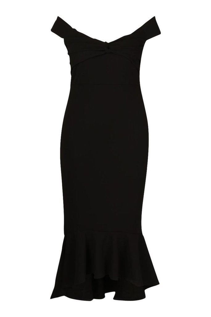 Womens Plus Bardot Knot Front Dip Hem Maxi Dress - black - 26, Black