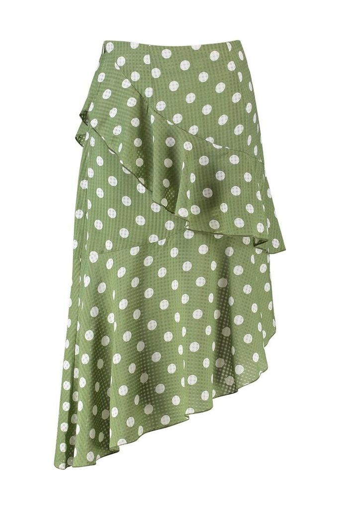 Womens Polka Dot Check Asymmetric Frill Midi Skirt - green - 16, Green
