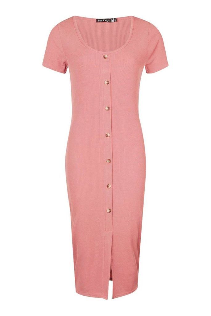 Womens Horn Button Cap Sleeve Ribbed Midi Dress - pink - 10, Pink