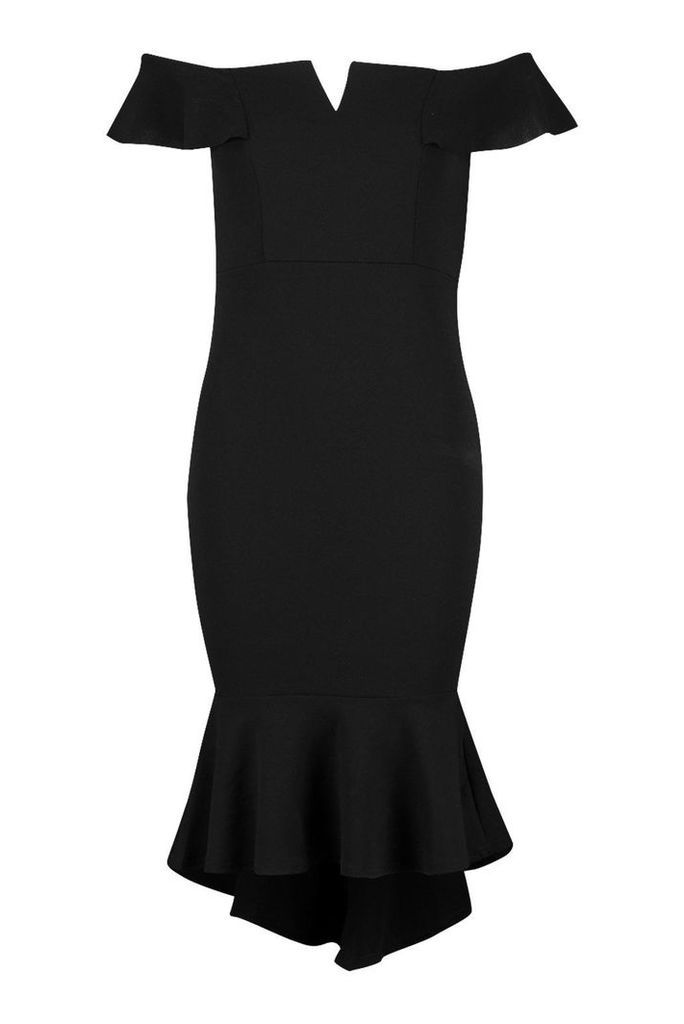 Womens Off The Shoulder V Bar Ruffle Hem Midi Dress - Black - 12, Black