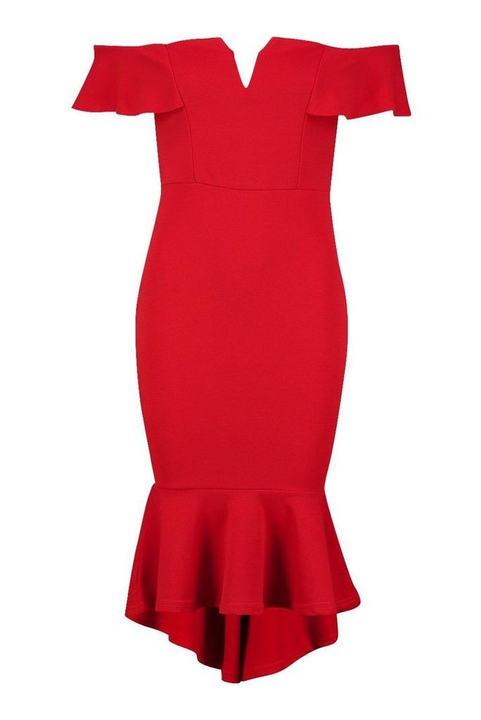 Womens Off The Shoulder V Bar Ruffle Hem Midi Dress - Red - 8, Red