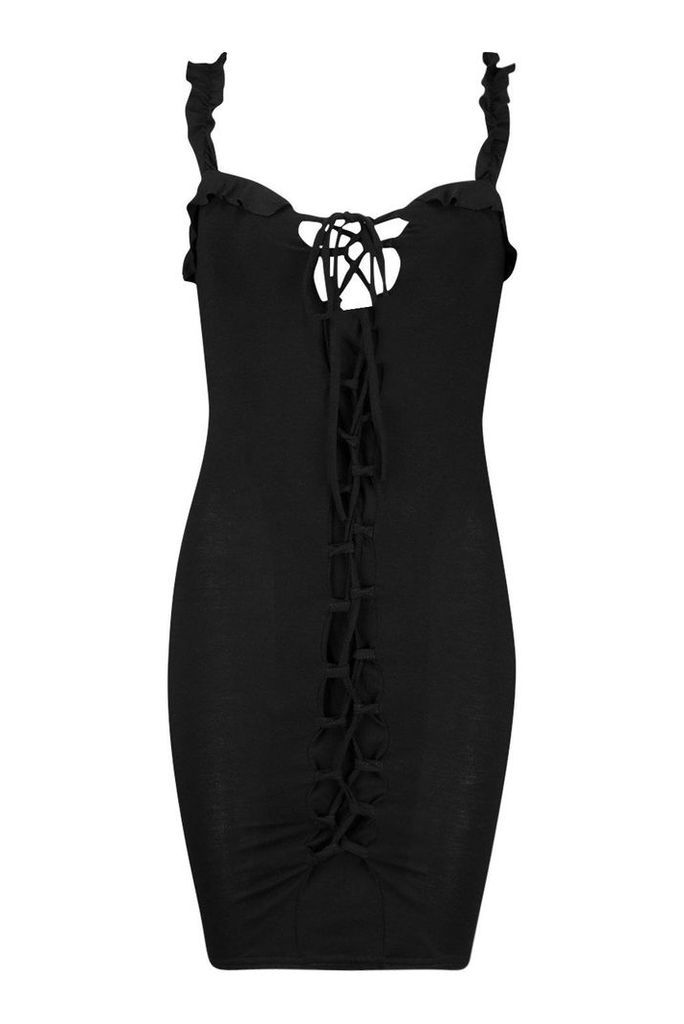 Womens Ruffle Lace Up Bodycon Mini Dress - black - 8, Black