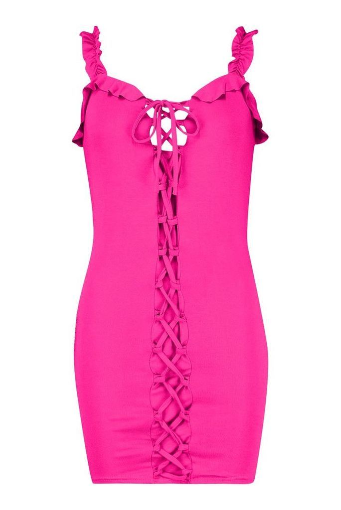Womens Ruffle Lace Up Bodycon Mini Dress - Pink - 8, Pink