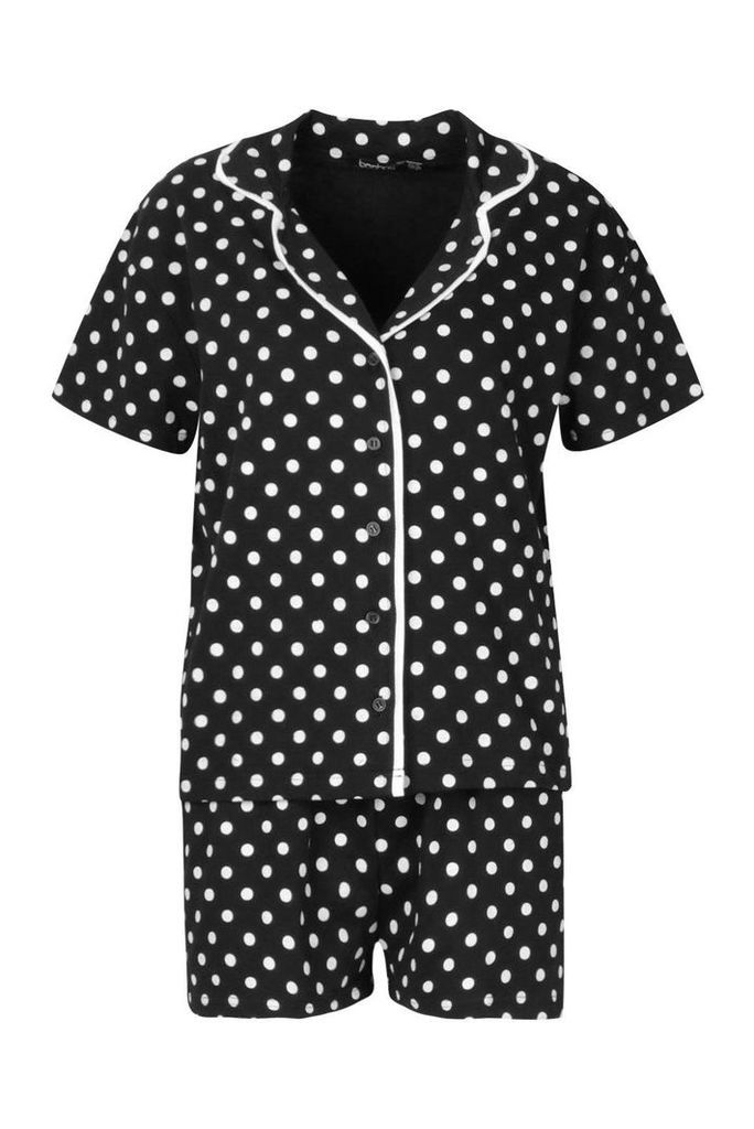 Womens Jersey Polka Dot Button Through PJ Short Set - black - 16, Black