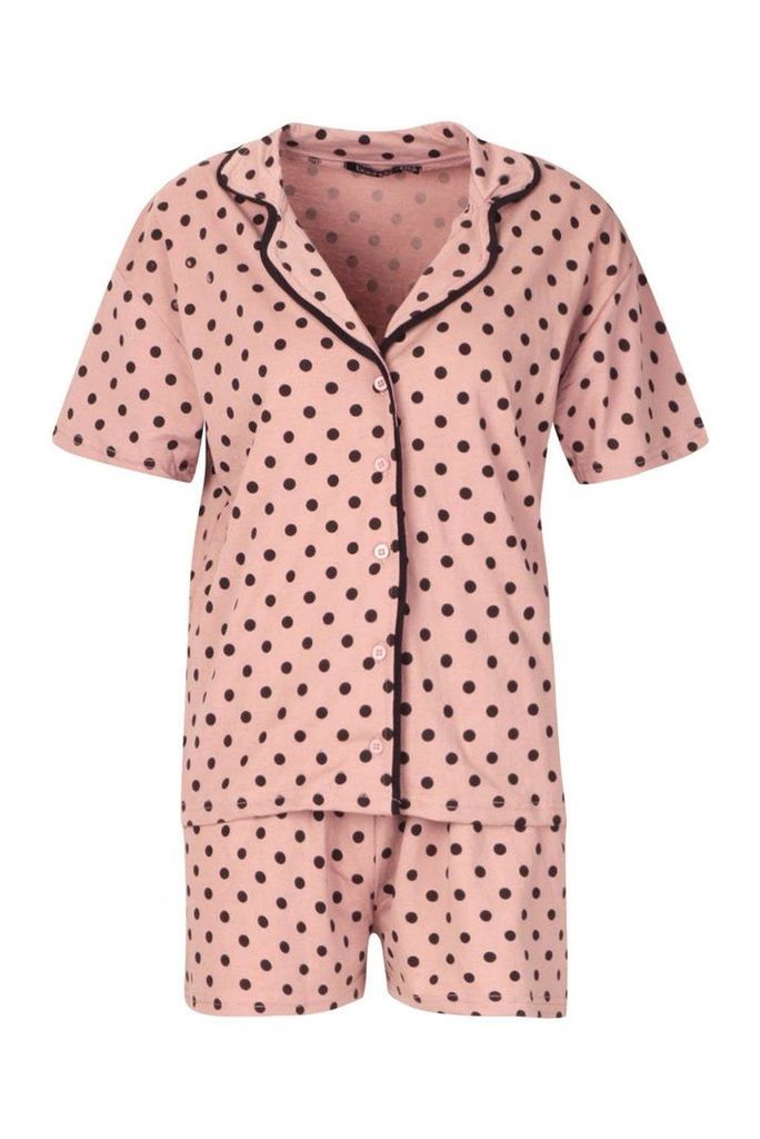Womens Jersey Polka Dot Button Through PJ Short Set - pink - 16, Pink
