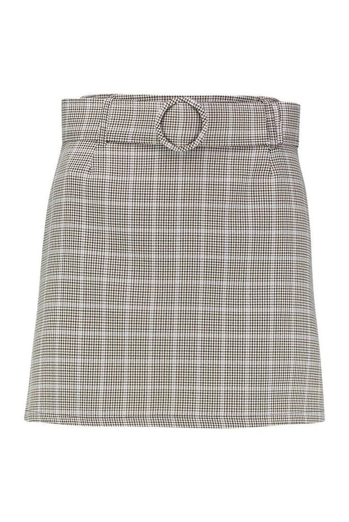 Womens Petite Check Self Fabric Belt Mini Skirt - beige - 6, Beige