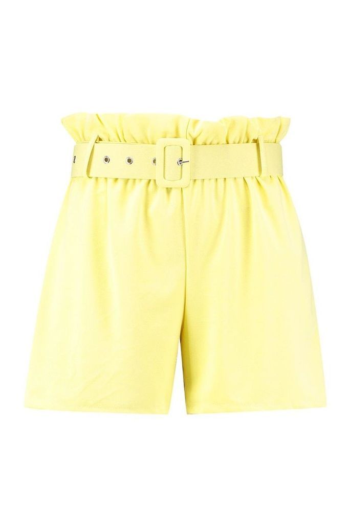 Womens Plus Belted Paper Bag Waist Short - yellow - 20, Yellow