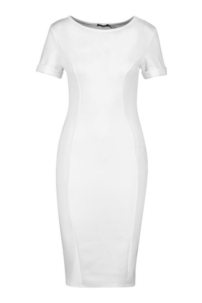 Womens Roll Sleeve Midi Dress - white - 14, White