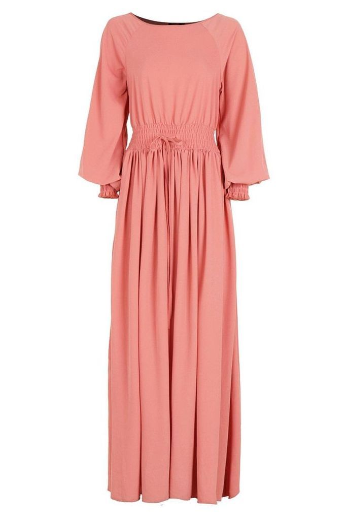 Womens Shirred Waist & Cuff Woven Maxi Dress - Pink - 16, Pink