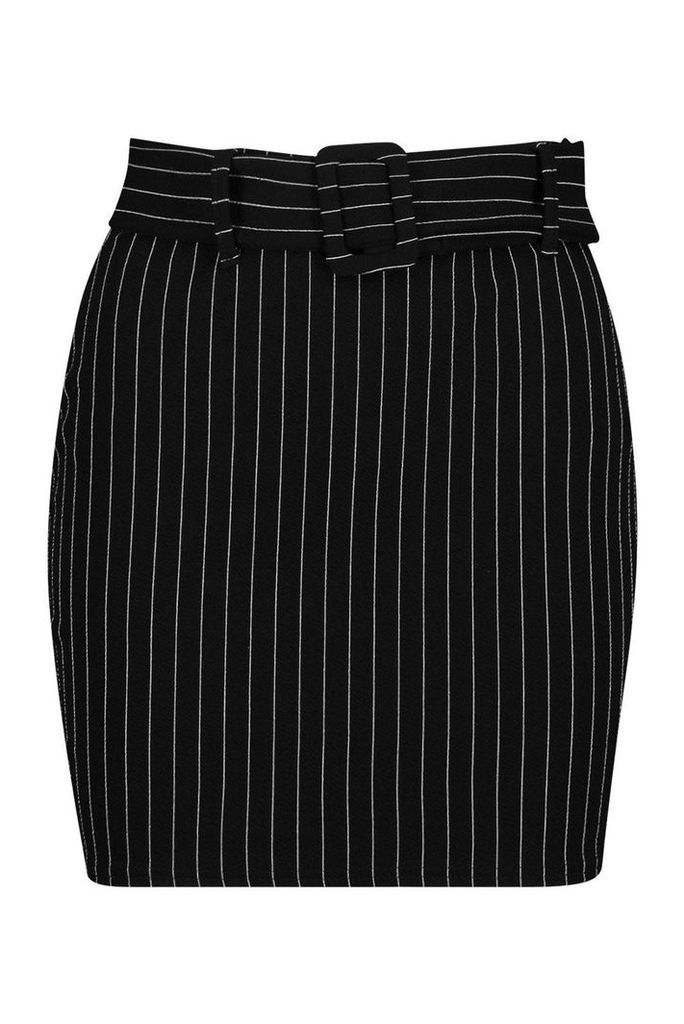 Womens Petite Pinstripe Self Fabric Belt Skirt - black - 8, Black