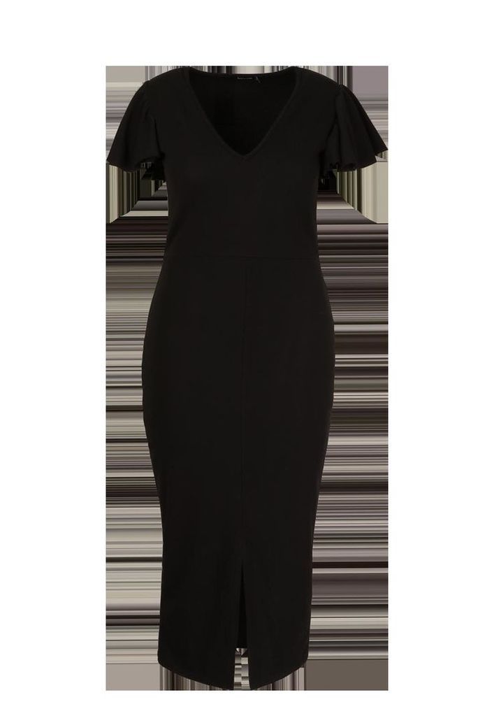 Womens Plus Plunge Ruffle Split Front Midi Dress - black - 26, Black