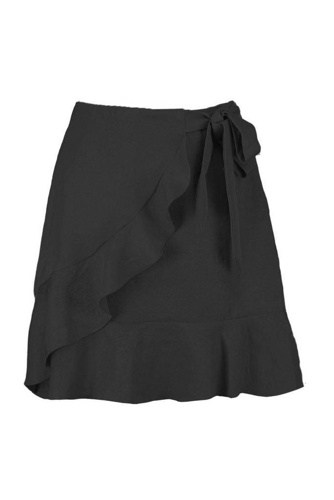 Womens Ruffle Front Tie Waist Woven Mini Skirt - black - 14, Black