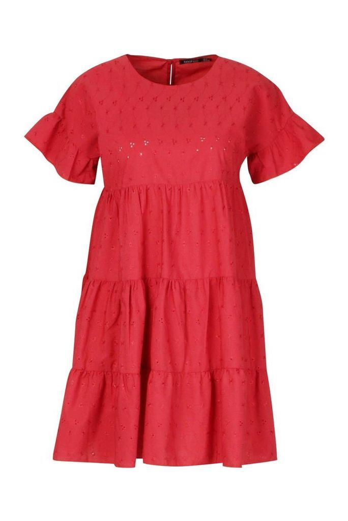 Womens Broderie Anglaise Smock Dress - Red - 8, Red