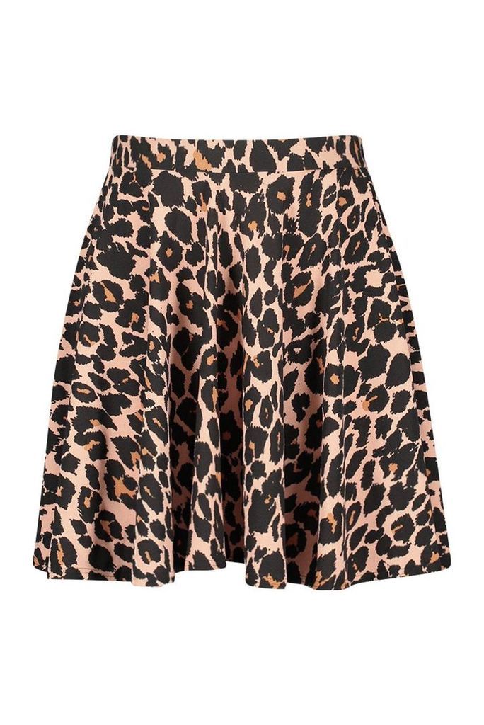 Womens Plus Leopard Skater Skirt - brown - 24, Brown