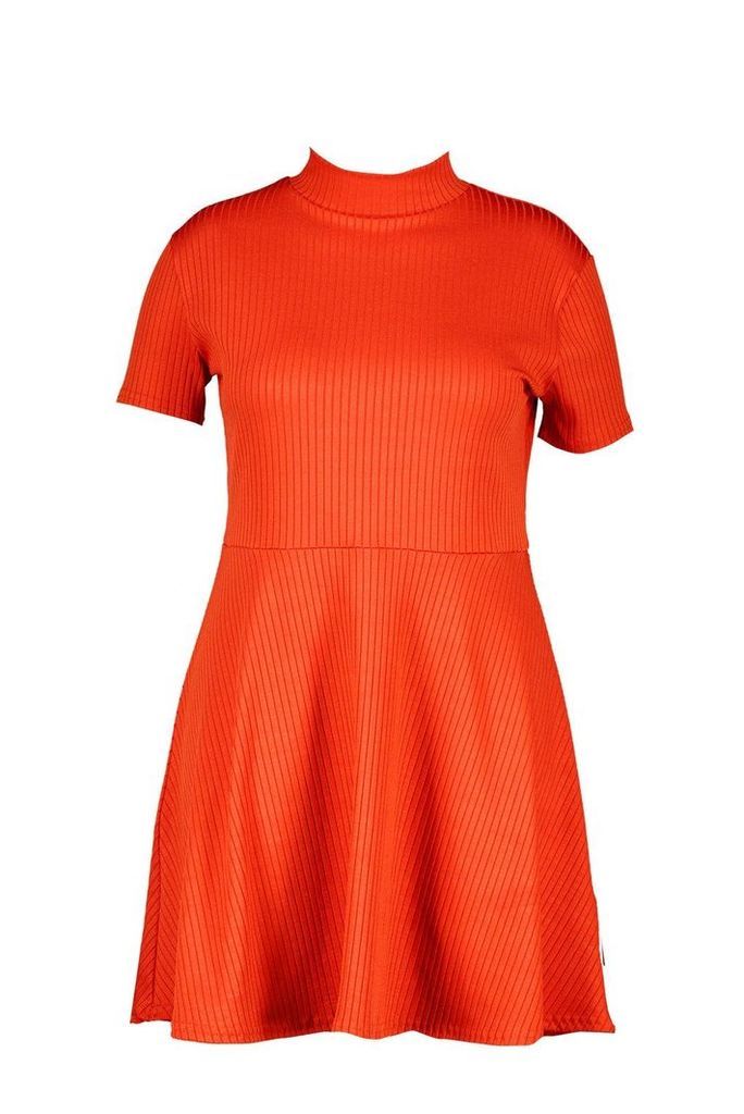 Womens Plus Ribbed Hem Neck Skater Dress - orange - 20, Orange