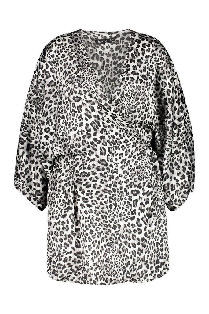 Womens Plus Satin Leopard Print Wrap Dress - grey - 16, Grey