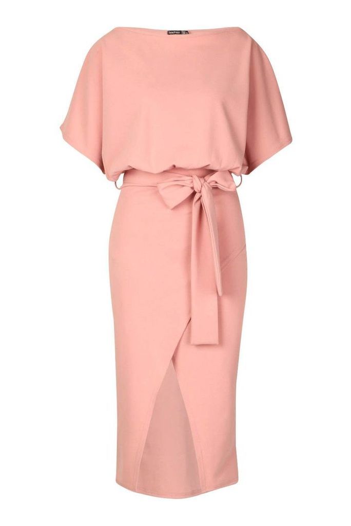 Womens Tall Angel Sleeve Belted Wrap Midi Dress - pink - 6, Pink