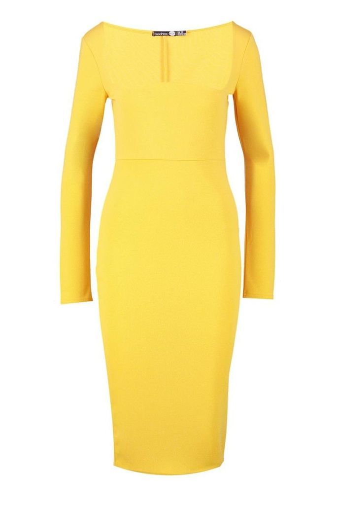 Womens Curved Neckline Fitted Midi Dress - yellow - 10, Yellow