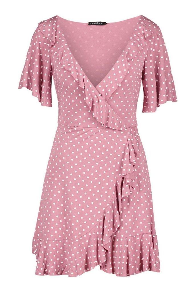 Womens Wrap Polka Dot Print Frill Detail Tea Dress - Pink - 16, Pink