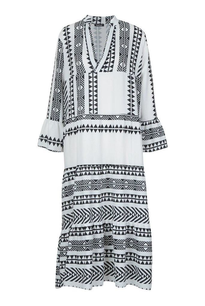 Womens Aztec Smock Maxi Dress - white - S, White