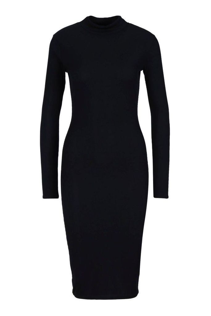 Womens High Neck Long Sleeve Ribbed Midi Dress - black - 8, Black