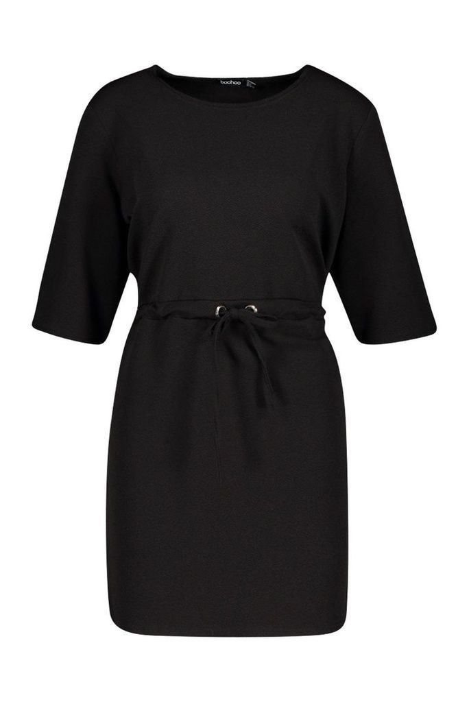 Womens Gathered Eyelet Waist Mini Dress - black - 14, Black