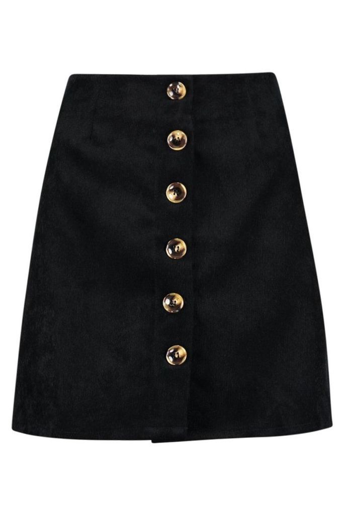 Womens Baby Cord Button Through Skirt - black - L, Black