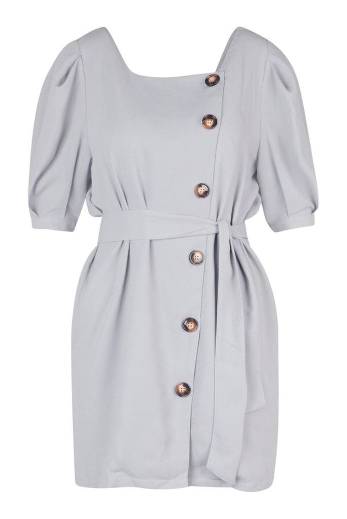 Womens Button Front Tie Waist Shift Dress - grey - 12, Grey