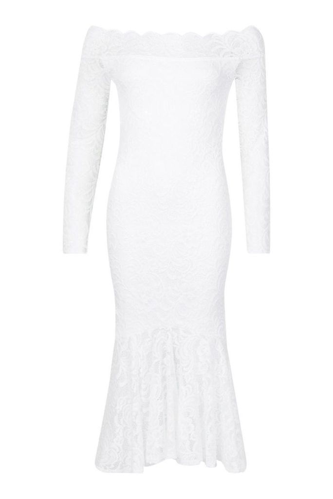 Womens Off The Shoulder Lace Fishtail Midi Dress - white - 10, White