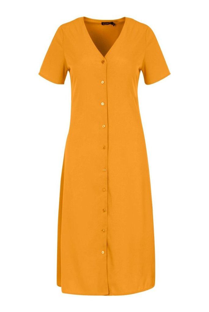 Womens Button Through Midi Tea Dress - yellow - 14, Yellow