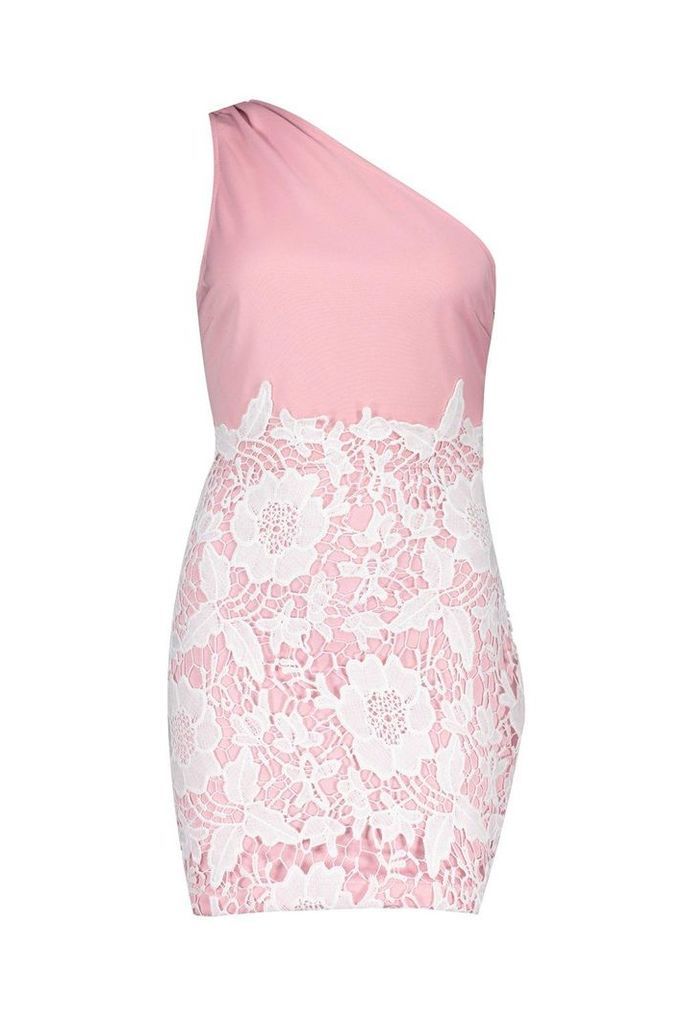Womens One Shoulder Lace Bodycon Dress - pink - 14, Pink