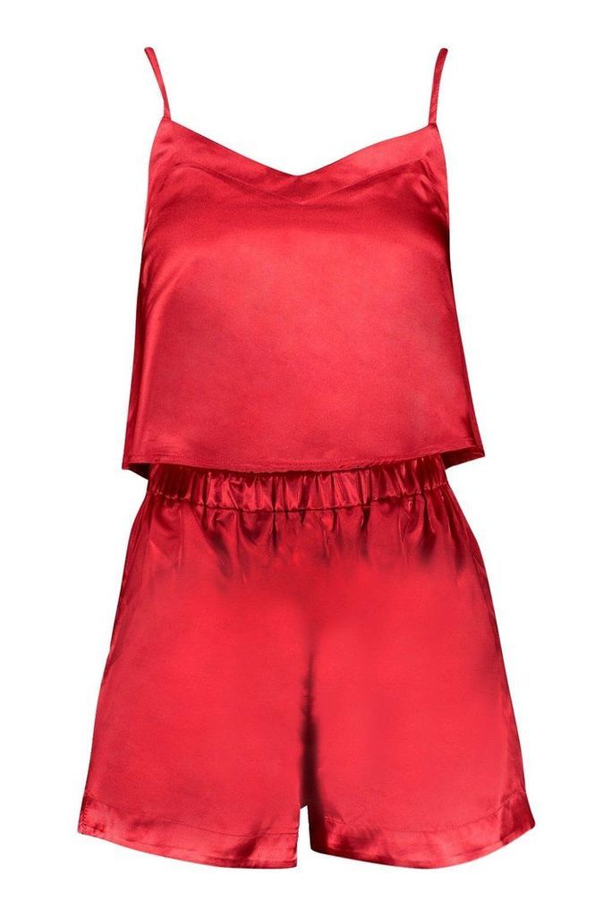 Womens Satin Crop Vest & Short Set - red - 14, Red