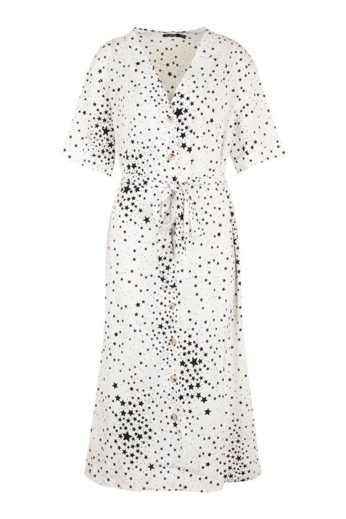 Womens Plus Star Print Button Detail Midi Dress - White - 20, White