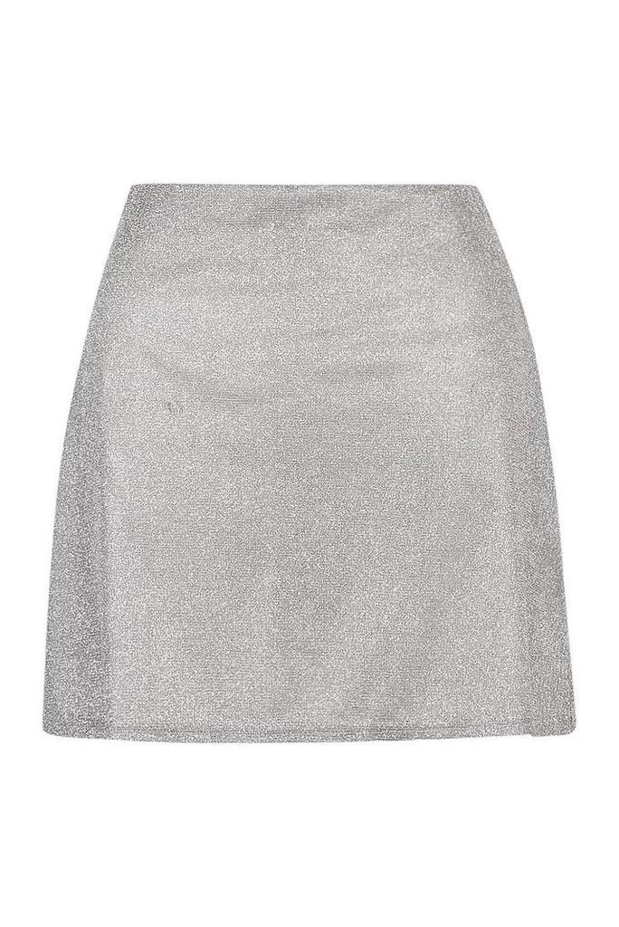 Womens Petite Sparkle A-Line Mini Skirt - grey - 14, Grey