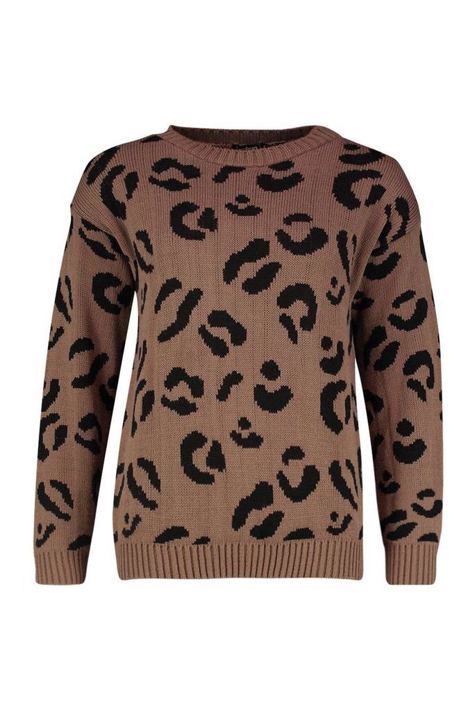 Womens Leopard Knitted Jumper - beige - M, Beige