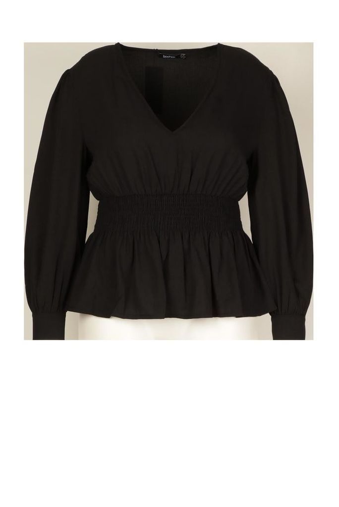 Womens Plus Shirred Waist Peplum Blouse - Black - 24, Black