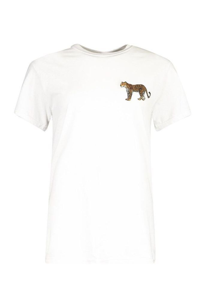 Womens Petite Leopard Pocket Print Oversized T-Shirt - White - M, White