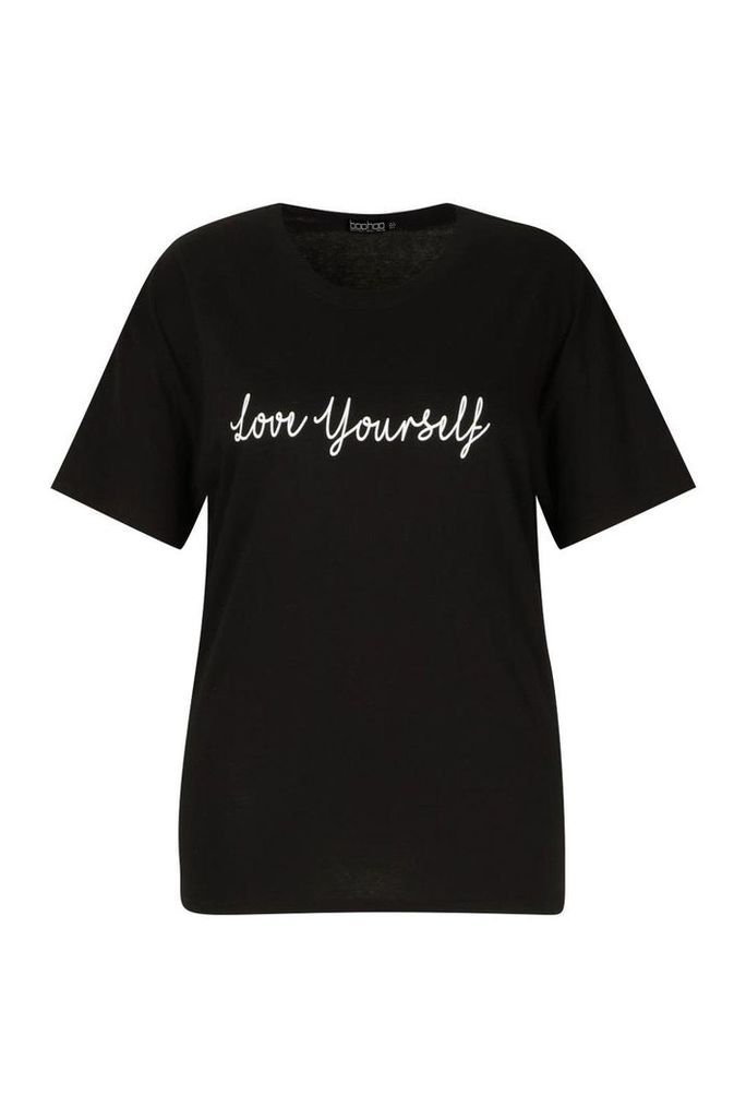 Womens Plus Love Yourself Slogan T-Shirt - black - 18, Black