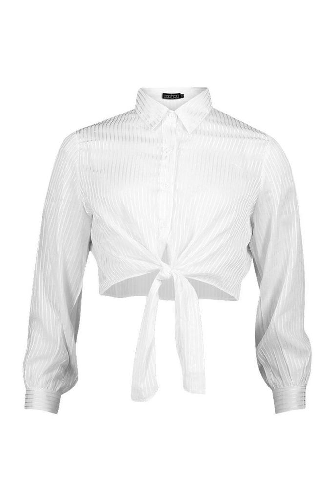 Womens Petite Burnout Stripe Tie Front Shirt - white - 14, White