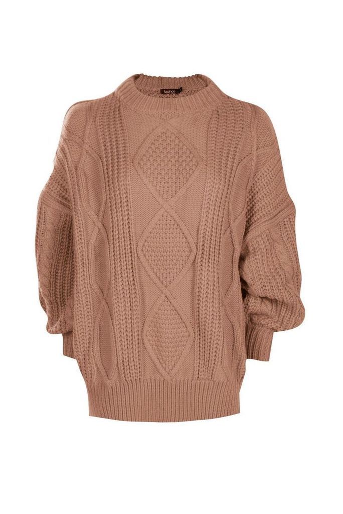 Womens Oversized Cable Jumper - beige - S/M, Beige