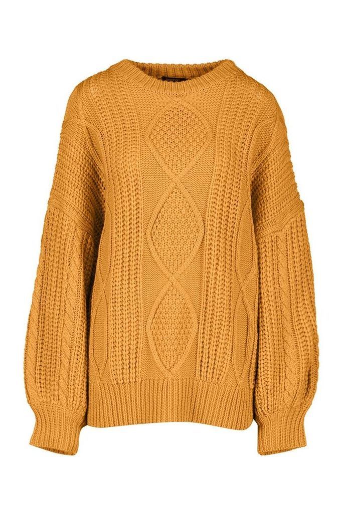 Womens Oversized Cable Jumper - yellow - S/M, Yellow