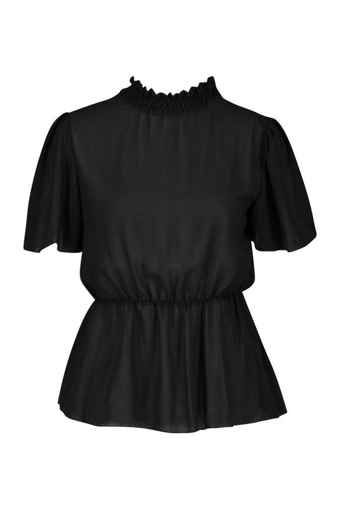 Womens Petite Shirred Neck Angel Sleeve Blouse - black - 10, Black