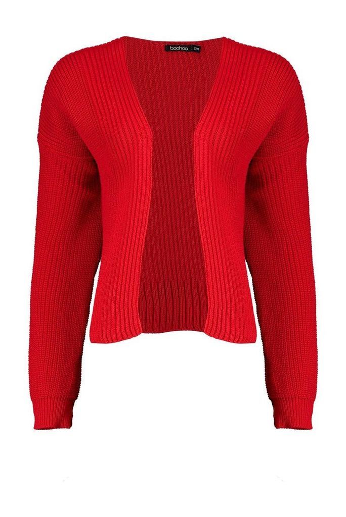 Womens Oversized Rib Crop Cardigan - red - S/M, Red