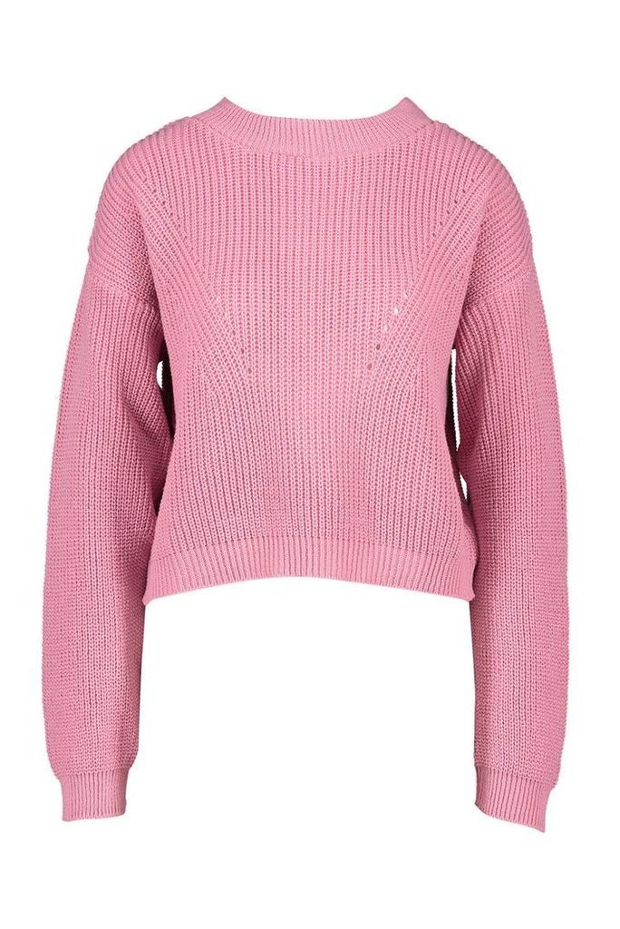 Womens Open Knit roll/polo neck Jumper - Pink - L, Pink