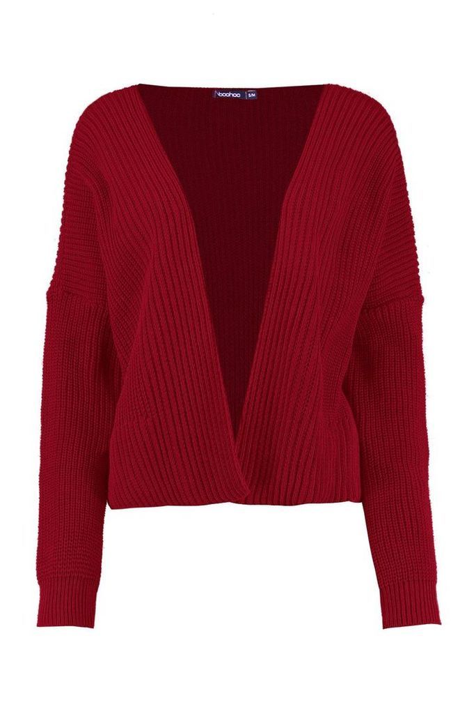 Womens Oversized Rib Cropped Cardigan - red - S/M, Red
