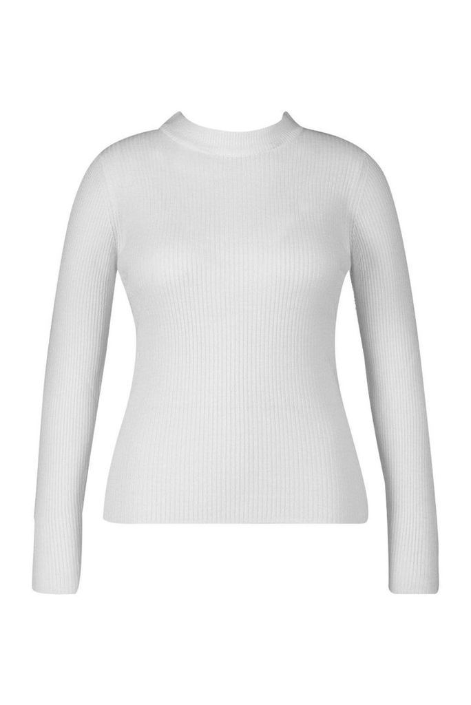 Womens Plus Ribbed Roll/Polo Neck Jumper - White - 22, White