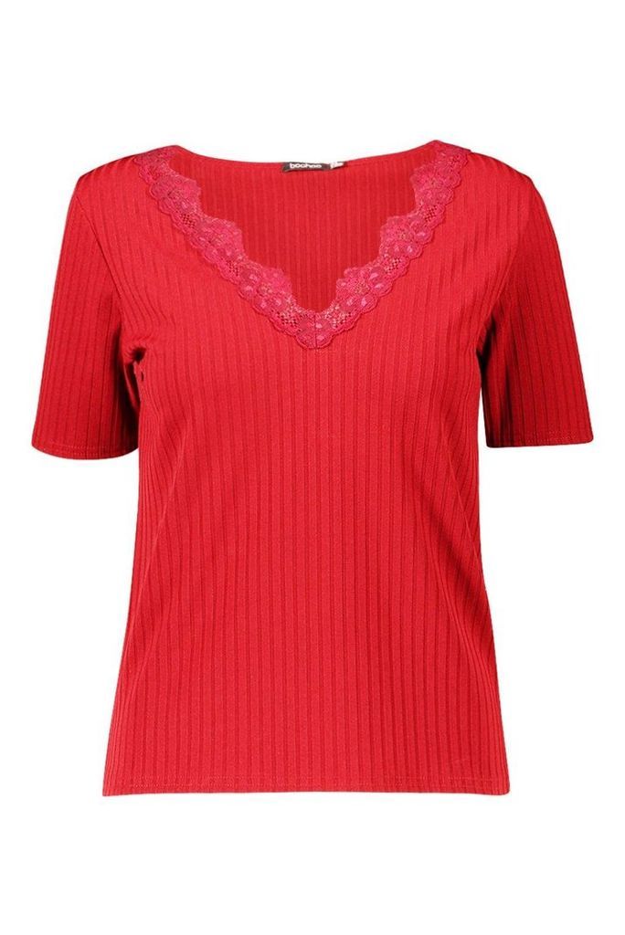 Womens Lace Rib V Neck T-Shirt - red - 14, Red