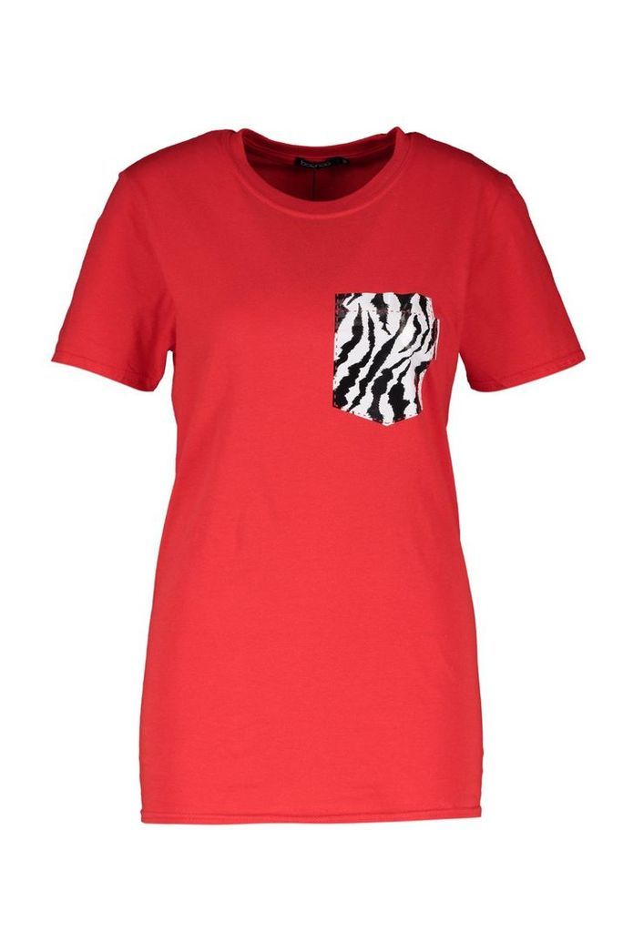 Womens Zebra Foil Pocket Graphic Tee - red - S, Red