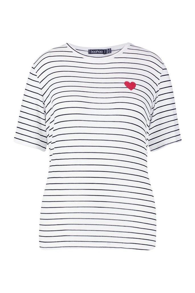 Womens Plus Heart Pocket Print Stripe T-Shirt - white - 22, White