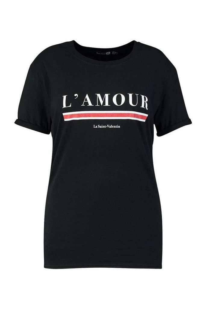 Womens Plus L'Amour Slogan T-Shirt - black - 16, Black